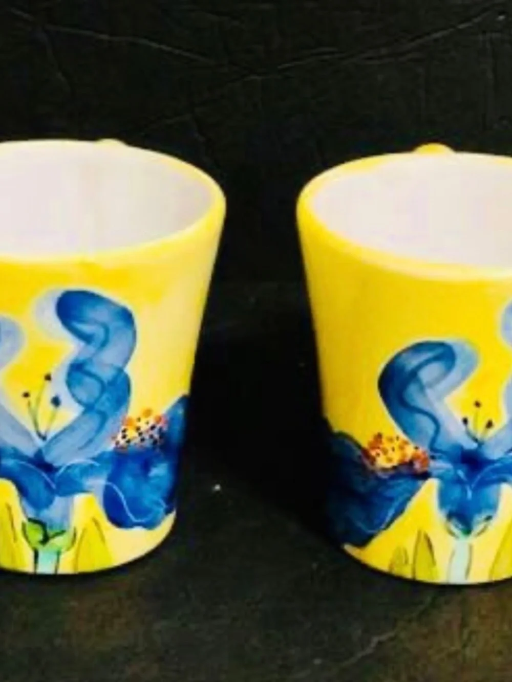 Two Vintage Yellow Terracotta Coffee Mugs with Hand Painted Purple Blue Iris.